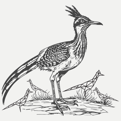 An inked drawing of a roadrunner and several digital roadrunners monitoring soil